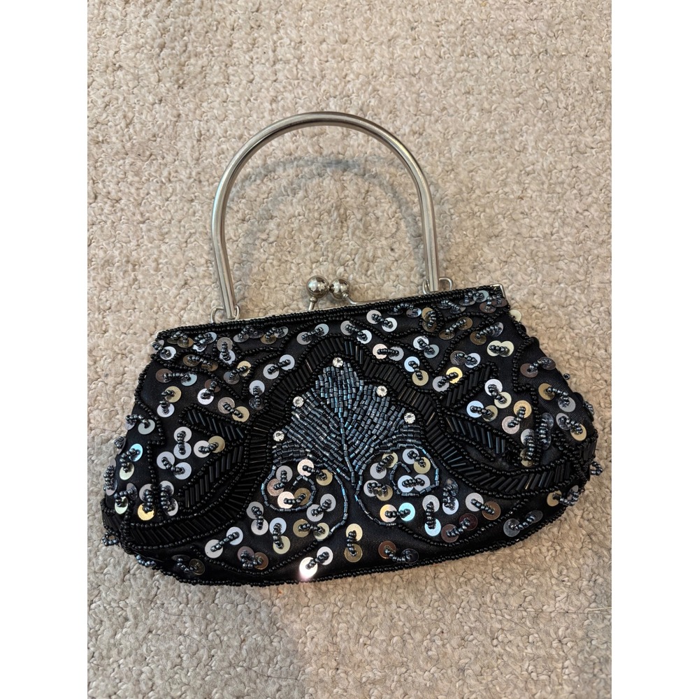 Bijoux Terner‎ Evening Bag Small Black Beaded Sequin Satin Kiss Lock Clutch